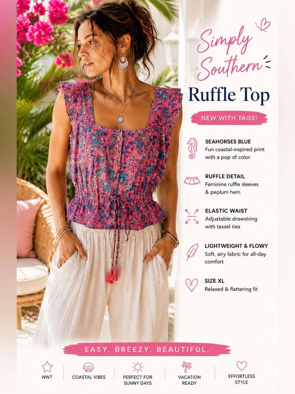 NWT Simply Southern Top Seahorses blue elastic waist sleeveless ruffle detail XL